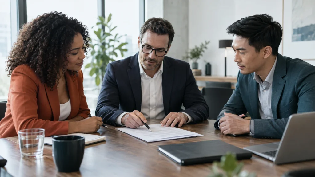 Founders reviewing the terms of a partnership agreement