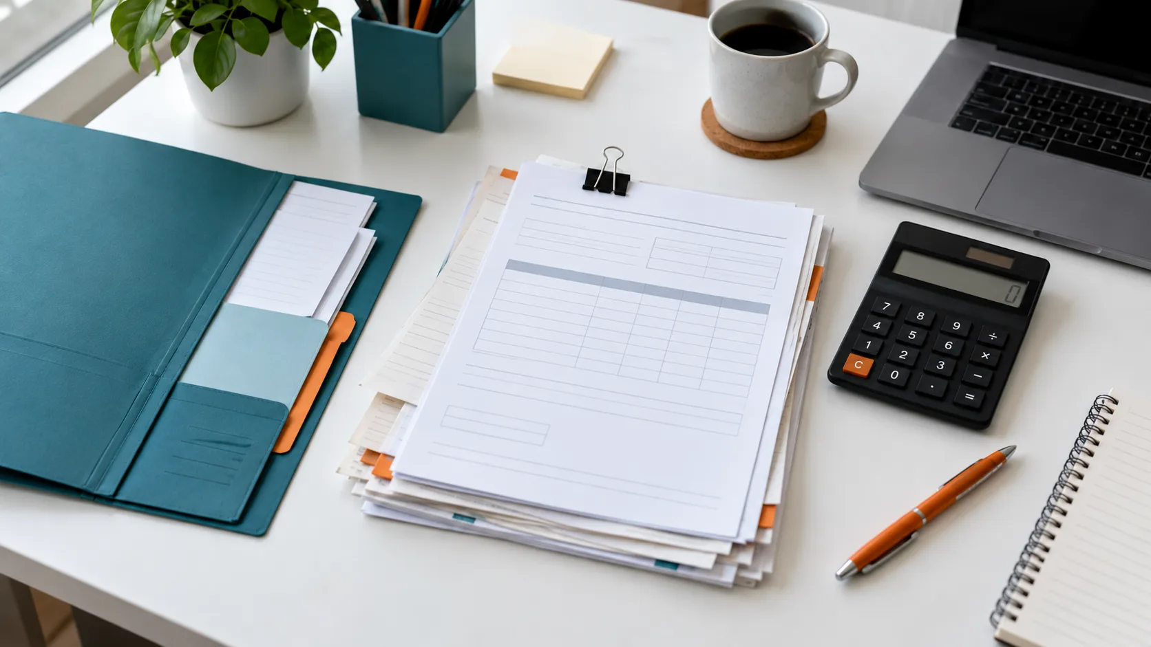 A folder of documents, a calculator and a laptop for preparing accounting records